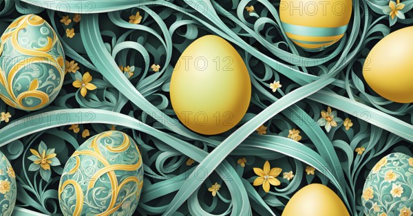 A whimsical abstract pattern with intertwined ribbons, eggs, and floral motifs, with a mix of sharp
