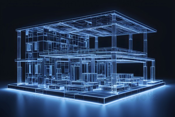 Hologram blue modern house on table, ai generated, AI generated