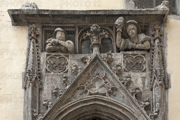 Detailed view of the staircase portal of the Old Town Hall from 1408, Regensburg, Upper Palatinate,