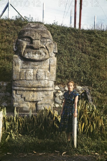 Pre-Columbian monument carved in stone in the city park, Medellin, Colombia, South America 1961,