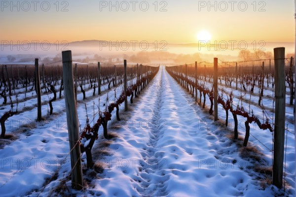 AI generated winter in the vineyard with snow blankets dormant vines and ambient light
