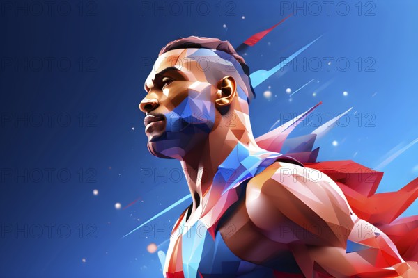Abstract digital render of a male olympic athlete morphing into fluid shapes in french tricolor