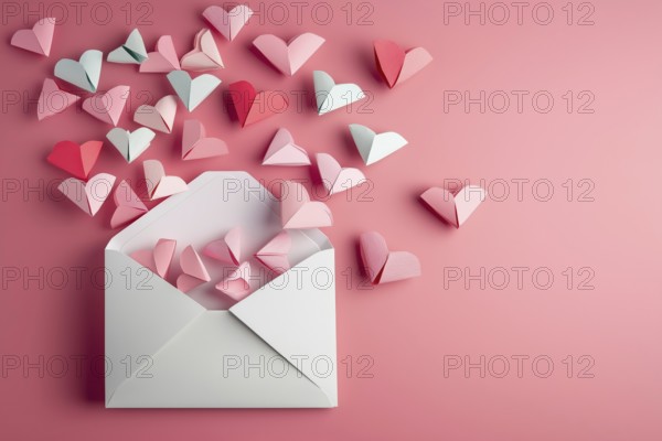 Valentine's Day love letter with envelope and hearts on pink background generated with copy space