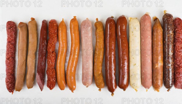 Food, meat products, various sausages on a white surface AI generated, AI generated