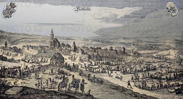 Cattle market in front of Buttstädt, in Weimar, in the 17th century, Thuringia, Germany, digital
