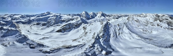 Aerial view, snow-covered mountain landscape, view of Cevedale, Ortler, Monte Zebrù, Königsspitze