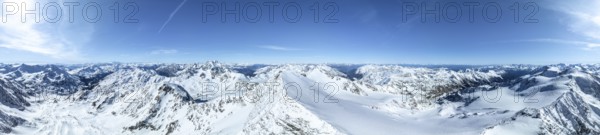 Cevedale summit, Alpine panorama, Aerial view, Snow-covered mountain landscape, Ortler group,