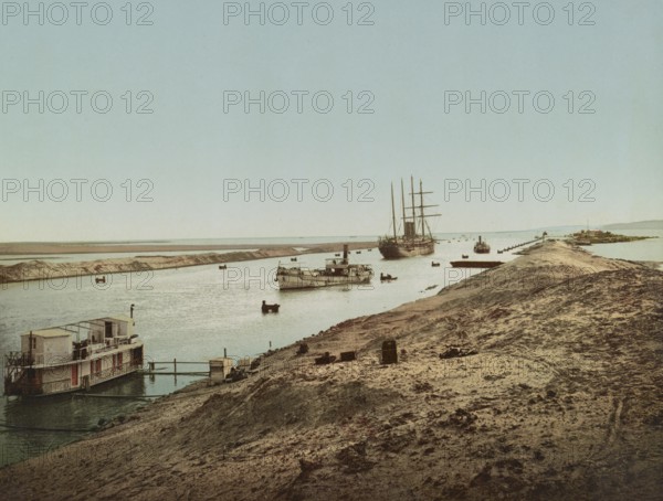 Suez Canal, Entrance to the Salt Lake, Egypt, Historical, digitally restored reproduction from a