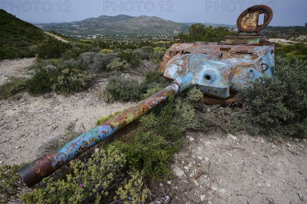 A rusty tank lies in a green landscape, surrounded by bushes, Anthony Quinn Bay, Vagies Bay,