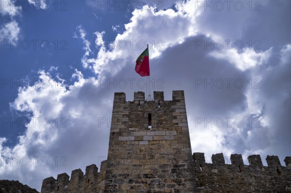 Defence defence tower, castle wall, Portuguese flag, castle, Castelo de São Jorge, Lisbon,