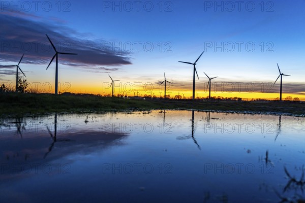 Wind farm near Holzweiler, town of Erkelenz, wind turbines, rain puddle, North Rhine-Westphalia,