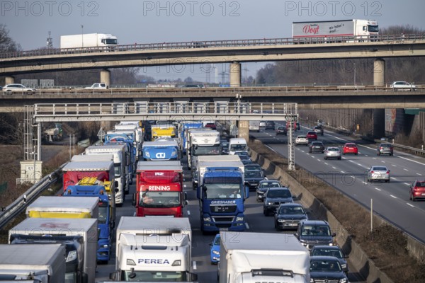 Traffic jam on the A3 motorway, at the Köln-Ost junction, heading south, four lanes jammed with