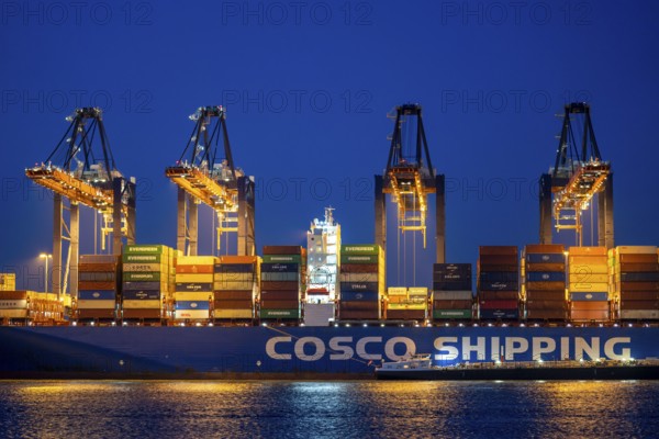 Container ship of the shipping company Cosco Shipping, CSCL SATURN, being loaded and unloaded,