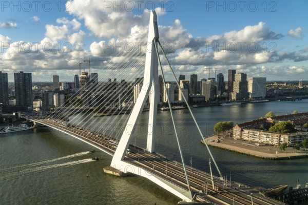 The skyline of Rotterdam, with the Erasmus Bridge over the Nieuwe Maas, Netherlands
