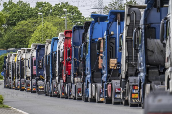 Truck tractors, exclusively from Eastern European countries, park in the harbour area, the canal