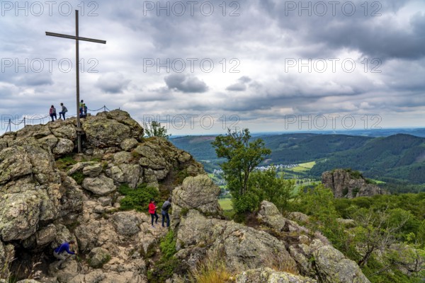The Bruchhauser Steine, in the Hochsauerland district, the cobblestone, summit cross, rock