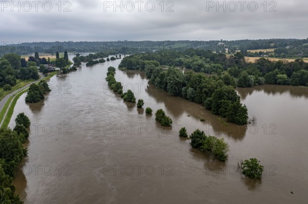 Ruhr flood near Mülheim-Menden, flooded Ruhr floodplains, flood on the Ruhr, after long heavy