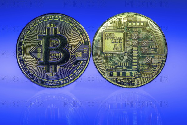 Bitcoin, cryptocurrency, symbol coin, optical placeholder for the digital currency, front and back,