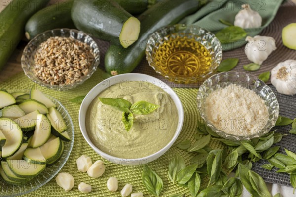 Bowl of courgette pesto surrounded by ingredients, courgettes, roasted sunflower seeds, parmesan,