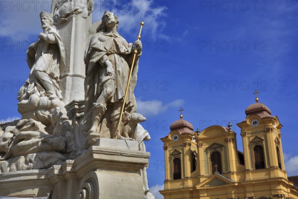 Banat, Timisoara, Timisoara, Old Town, Catholic Cathedral and part of the Trinity Column or Plague