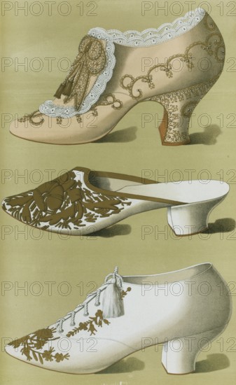 Shoe fashion in 1900, Women's shoes, Imperial shoe, with lace, gold embroidery, beadwork, and knot