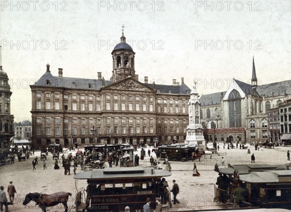 Dam Square with the Royal Palace (left) and the Nieuwe Kerk (right), Amsterdam, Holland, 1890,