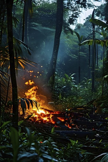 Destructive act of fire clearing within the amazon rainforest, AI generated