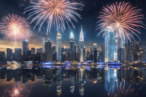 Wallpaper illustration of a cityscape on New Year's Eve, with glowing skyscrapers and floating