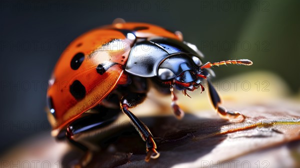 Close up of a ladybug illuminated by soft diffused light, AI generated
