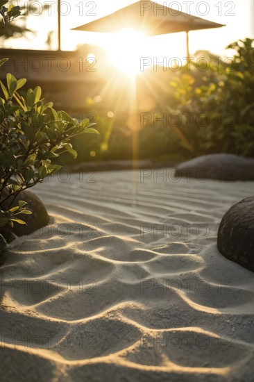 Zen garden bathed in the soft glow of dawn as a serene symbol for relaxation, AI generated