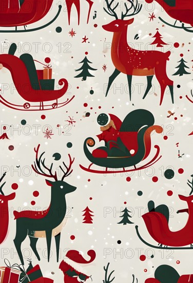 Whimsical abstract scene with stylized reindeer and sleighs to capture the magic of Christmas, AI