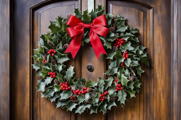 Classic holiday wreath with frosted holly leaves hanging on a rustic wooden door, AI generated