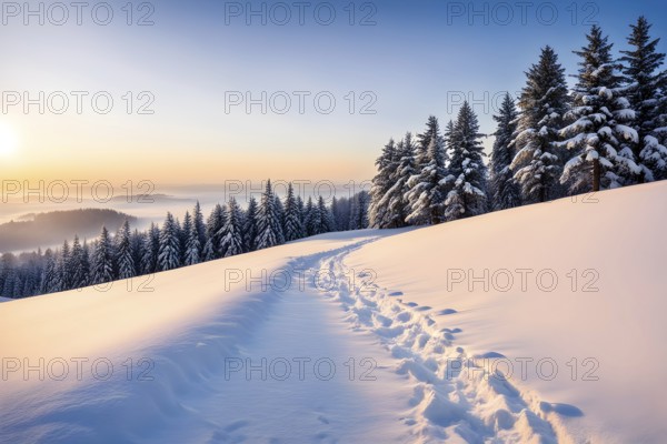 Footprints in fresh snow on a hill with a row of trees in winter in golden sunrise light, AI