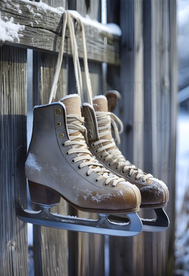 Pair of vintage ice skates hanging by their laces on an old wooden fence with frost and snow gently