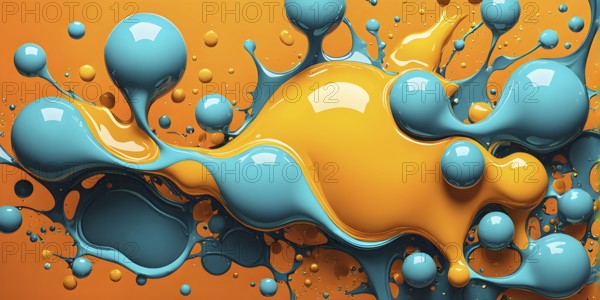 Abstract wallpaper with colorful turquoise and yellow blobs and liquid shapes on a orange