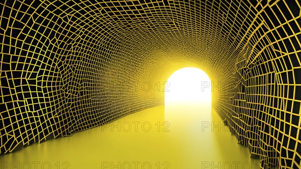 Abstract geometric pattern tunnel structure embodying data streams and communication in yellow