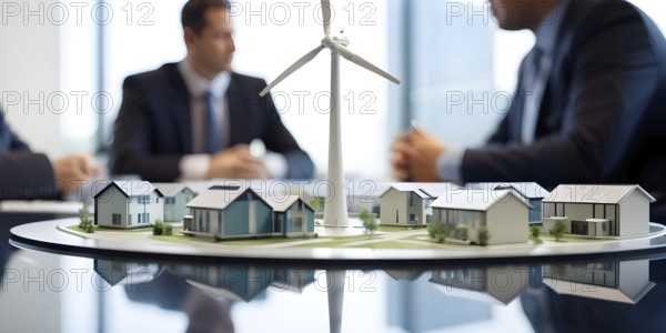 Business professionals engaged with a scale model of a wind turbine adjacent to miniature houses,