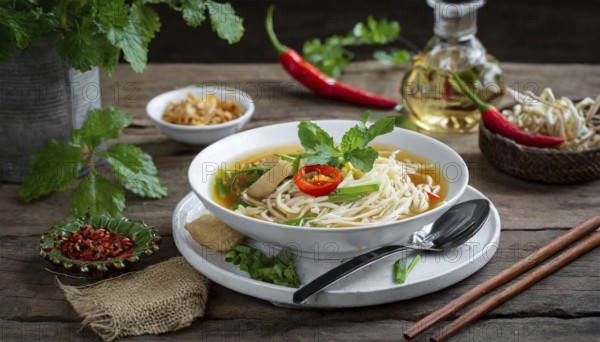 Food, a plate of chicken soup with ramen, Japanese noodles on a wooden table, AI generated, AI