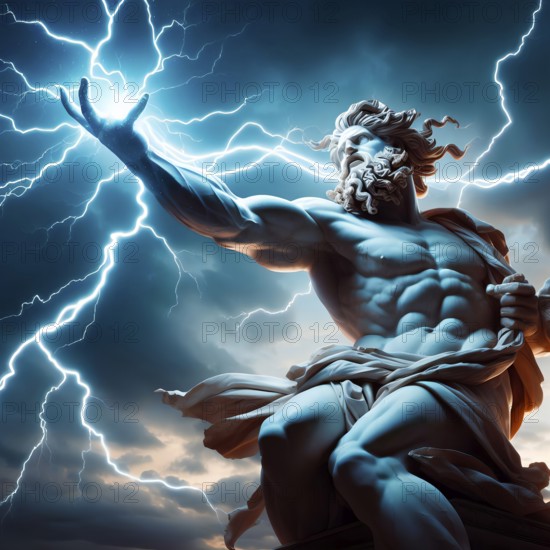 The Greek god Zeus hurls lightning bolts from his hand, symbol photo greek mythology, god, gods,