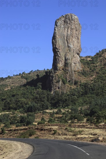 Amhara region, stele-like vulture rock near the city of Gondar, Ethiopia, Africa