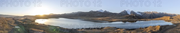 Aerial view, mountain peak and mountain lake, evening mood, Arabel Lake at Arabel Pass, Issyk Kul