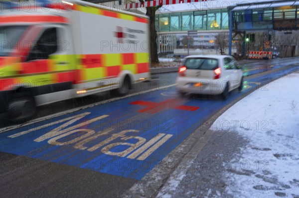 Ambulance at an emergency lane near the University Hospital, Erlangen, Middle Franconia, Bavaria,