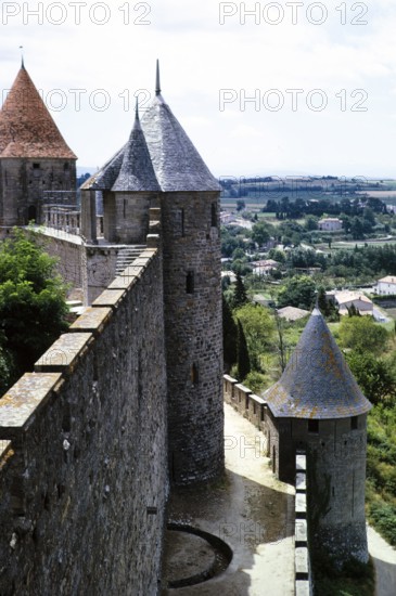 Walls, towers and ramparts UNESCO World Heritage Site, fortified town of Carcassonne, France 1973