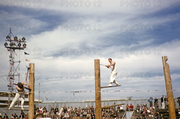 Wood chopping competition, Royal Melbourne Show, Ascot Vale, Melbourne, Victoria, Australia 1956