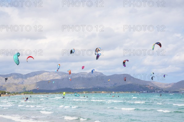 Kitesurfing at Alcudia beach, Mallorca, Balearic Islands, Spain, Europe