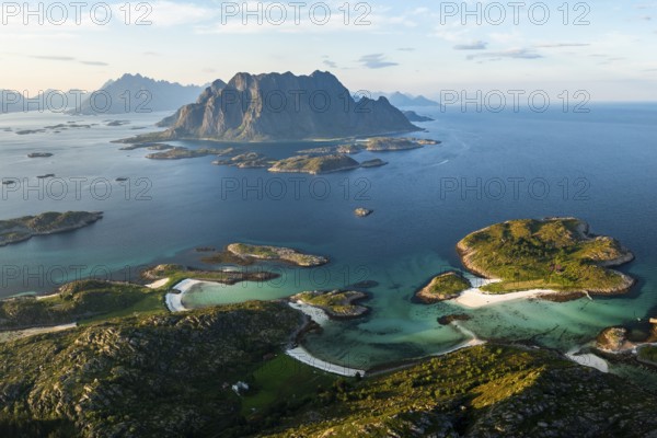 Coast of the island of Skrova and view of surrounding islands, Lofoten, Norway, Europe