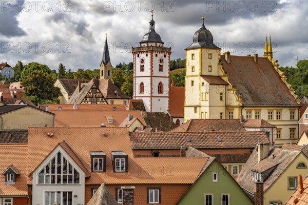 Old town with St Nicholas Church and Marktbreit Castle in Marktbreit, Lower Franconia, Bavaria,