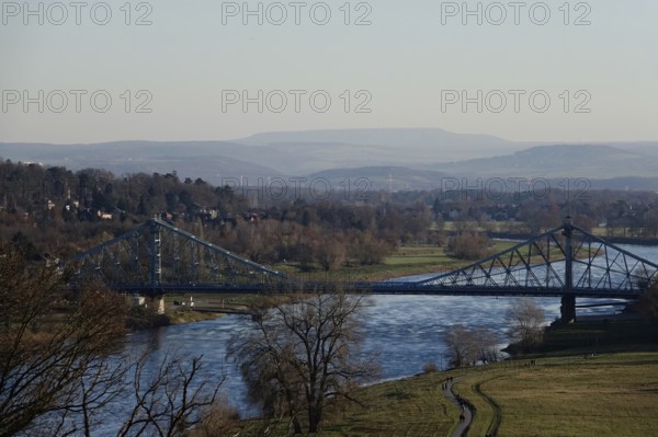 View of the Blaues Wunder bridge, Dresden, Saxony, Germany, Europe