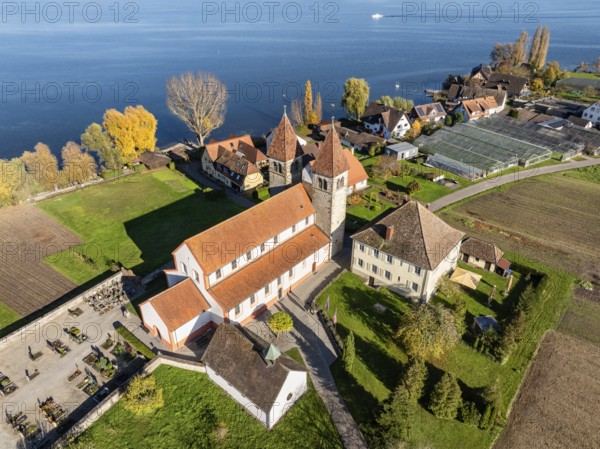 Aerial view of the north-western tip of the island of Reichenau in autumn with the district of