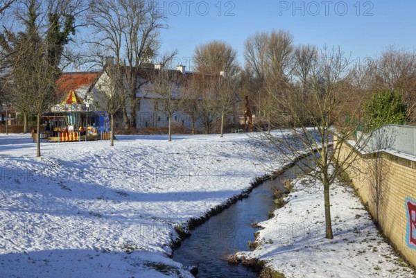 Dortmund, North Rhine-Westphalia, Germany, winter with snow in the Ruhr area, renaturalised Emscher